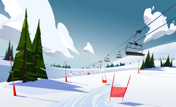 Vector illustration of Winter mountains panorama with ski slopes and ski lifts on a sunny day