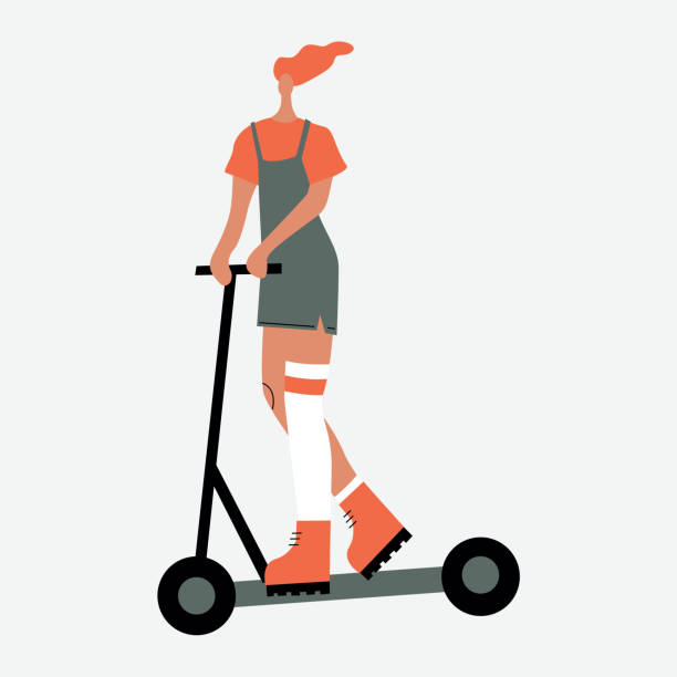 istock Vector illustration with woman riding kick scooter. Cartoon charcater. 1305622258