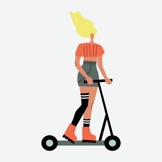 istock Vector illustration with woman riding kick scooter. Cartoon charcater. 1305622262