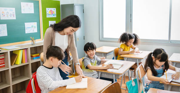 istock Pupil boy hi five with teacher in classroom at elementary school. Student boy studying in primary school. Children writing notes in classroom. Education knowledge, successful teamwork concept banner 1305622358