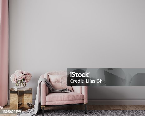 istock Elegant modern living room design, wall mockup in pink and gray home decor 1305624199