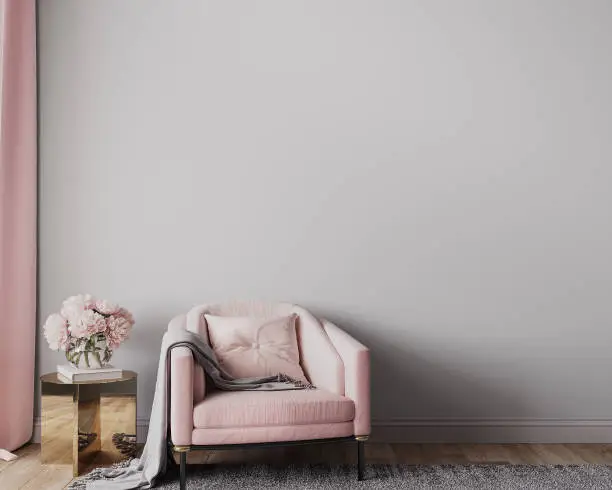 Photo of Elegant modern living room design, wall mockup in pink and gray home decor