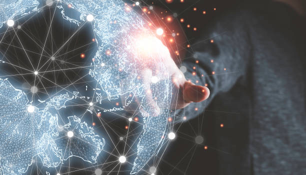 istock Businessman touching to virtual world with connection line for global networks and big data transformation technology linkage concept. 1305631385