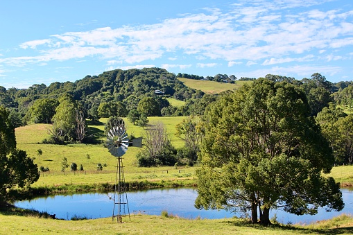 Horizontal landscape in rural country Bangalow with rolling green hills windmill lake and large trees against pastel blue cloudy sky Australia