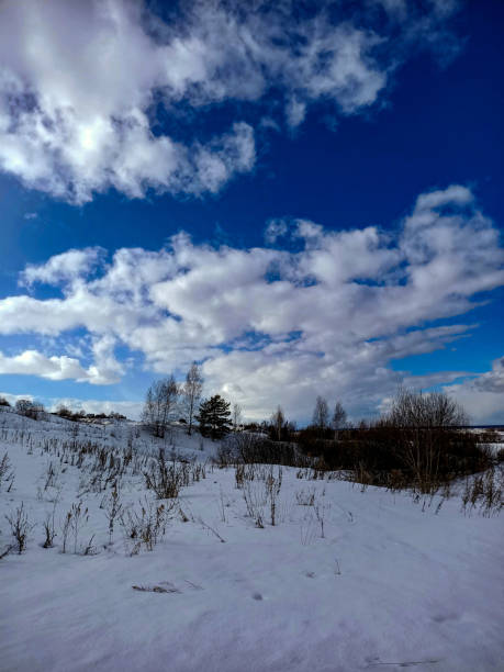 istock Snow on the white winter river field under clouds in bluevsky 1305631683