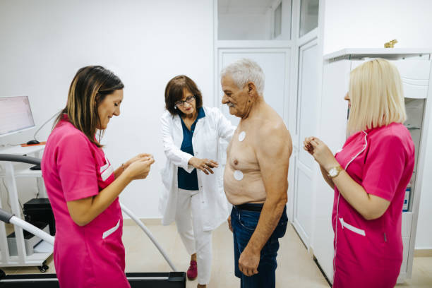 istock Preparing senior patient for stress test at cardiology 1305632707