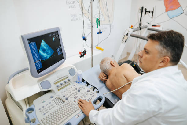 Male doctor examining a patient's heart by using an ultrasound equipment Senior male patient having ultrasound examination of the heart in medical clinic heart ventricle stock pictures, royalty-free photos & images