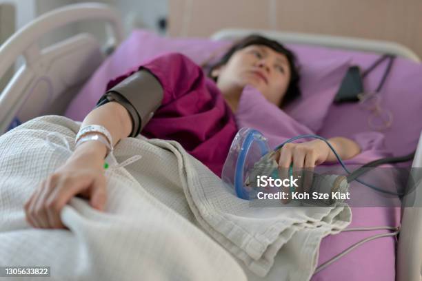 Pregnant Asian Female Patient Laying In Bed Preparing For Childbirth With The Help Of Laughing Gas Stock Photo - Download Image Now