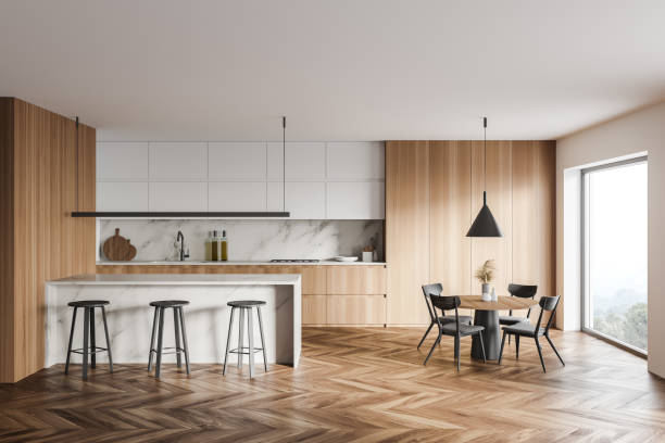 istock White and wooden kitchen with bar and table 1305634320