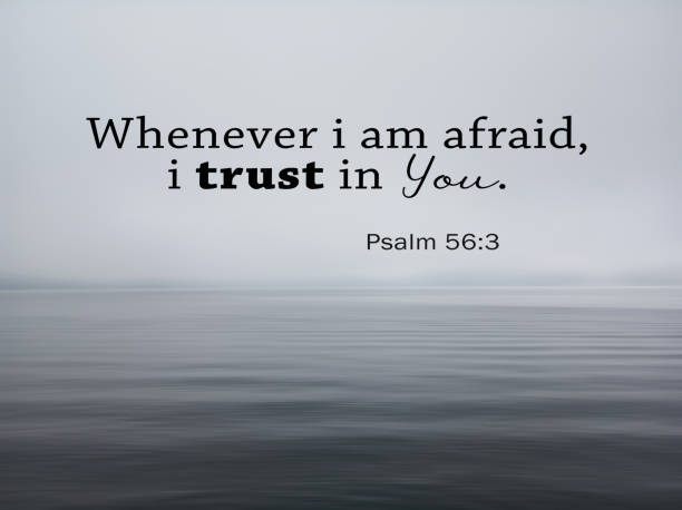 Bible quote on mist empty lake view background. "When i am afraid i put my trust in you" Psalm 56:3 A Christian bible verse inspirational motivational quote concept on calm mist nature lake landscape view background. trusting god quotes stock pictures, royalty-free photos & images
