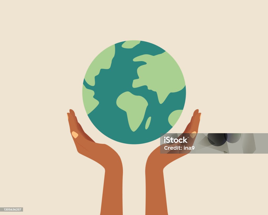 黑皮膚的手拿著地球，地球。地球日概念。地球日向量插圖海報，橫幅，印刷品，網路。拯救地球，環境。現代卡通平面風格插圖 - 免版稅地球儀 - 導航儀器圖庫向量圖形