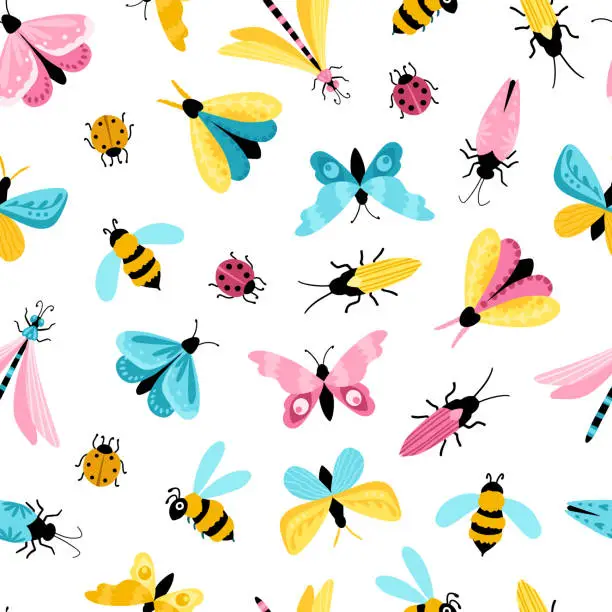 Vector illustration of Insects seamless pattern. Colorful hand-drawn butterflies, dragonfly and beetles in a simple childish cartoon style. Isolated over white background. Ideal for summer textiles, wrapping paper.