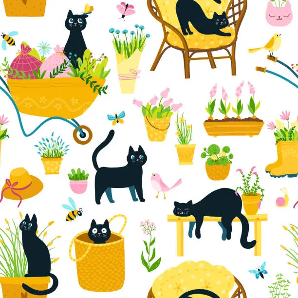 Vector illustration of Spring seamless pattern with black cats in a simple hand-drawn cartoon style. Gardening theme. Vector childish colorful illustrations of characters in different poses in nature, in garden furniture