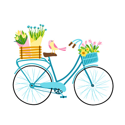 Spring illustration. Cute female bicycle with flowers, basket, box and bouquet. Small bird. Fresh colorful palette hand drawn cartoon style.