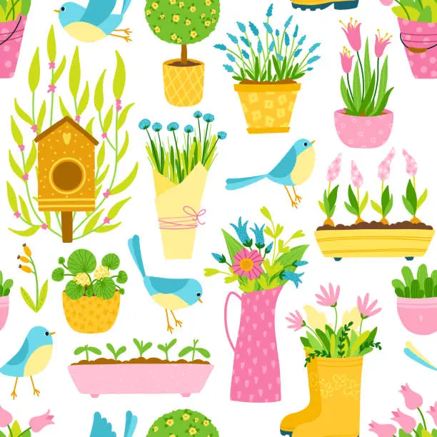 Vector illustration of Spring seamless pattern in simple hand-drawn cartoon style. Vector childish colorful illustration of small birds between flower pots and vases. Gardening theme.