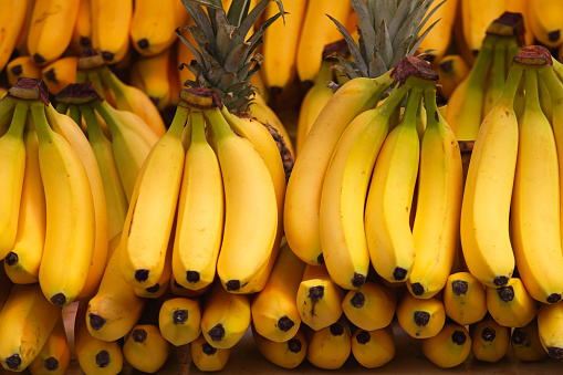 Ripe Yellow Bananas Fruits at Grocery Store Shelf
