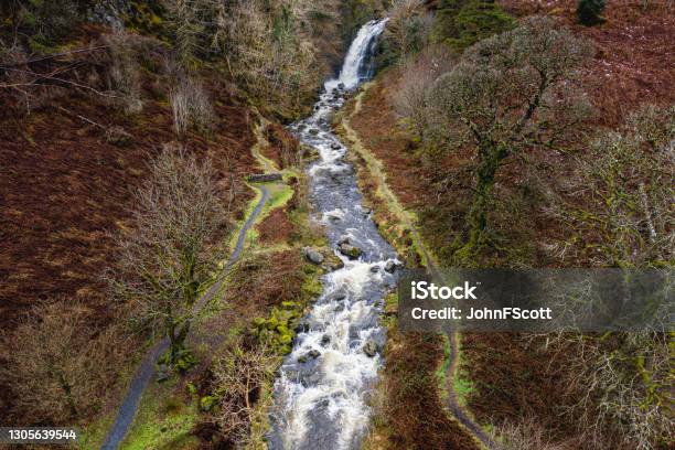 Drone View Of River And Waterfall After Heavy Rain Stock Photo - Download Image Now - Drone Point of View, Footpath, Non-Urban Scene