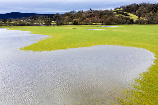 The view from a drone of agricultural fields flooded by heavy rain the location is Dumfries and Galloway south west Scotland