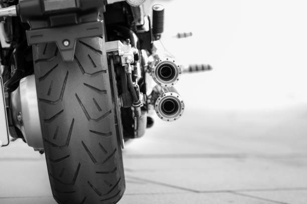 Naked Motorbike Exhaust Close up, Rear view, Black and White