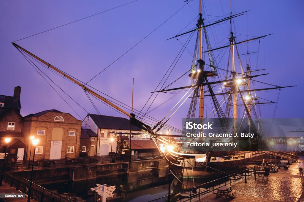 HMS Trincomalee tall ship illuminated at night, Hartlepool Maritime Museum Hartlepool UK - 11th October 2019: HMS Trincomalee tall ship illuminated at night, Hartlepool Maritime Museum Hartlepool Stock Photo