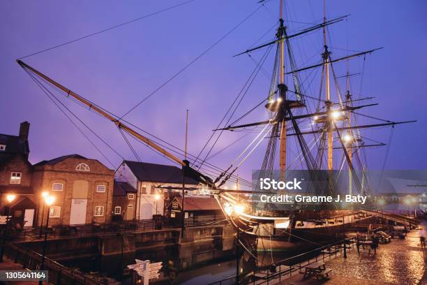 Hms Trincomalee Tall Ship Illuminated At Night Hartlepool Maritime Museum Stock Photo - Download Image Now