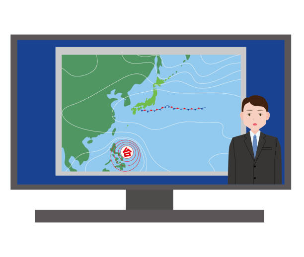 ilustrações, clipart, desenhos animados e ícones de televisão mostrando um homem que transmite informações meteorológicas. - apresentador do noticiário