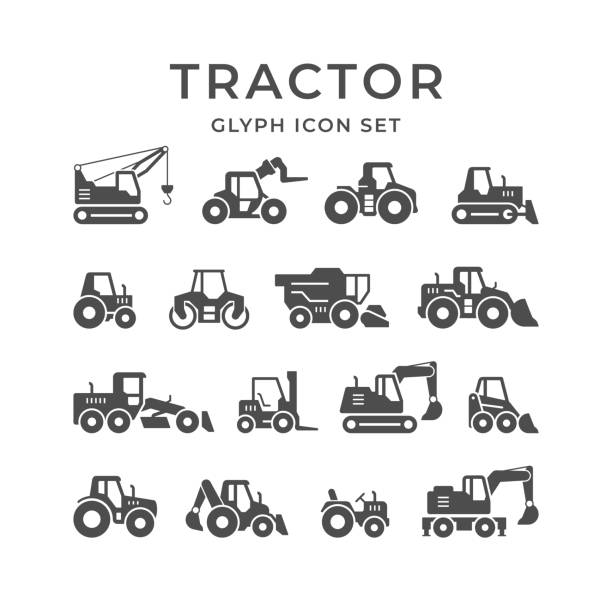 트랙터의 글리프 아이콘 설정 - construction machinery machine industrial equipment grader stock illustrations