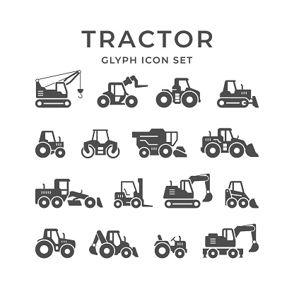 Set glyph icons of tractors isolated on white. Combine harvester, bulldozer, forklift, front loader, earth mover, road roller, grader. Vector illustration