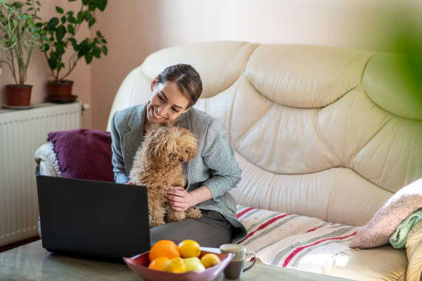 istock Young lady is hugging her dog while she uses her laptop. 1305644316
