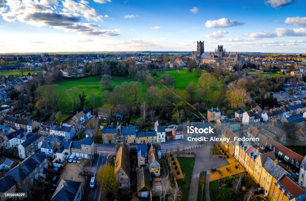 The aerial view of cathedral of Ely, a city in Cambridgeshire, England The aerial view of cathedral of Ely, a city in Cambridgeshire, England, UK Ely - England Stock Photo
