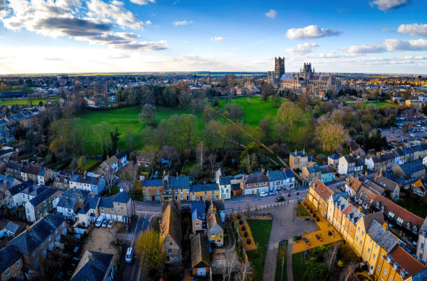 The aerial view of cathedral of Ely, a city in Cambridgeshire, England The aerial view of cathedral of Ely, a city in Cambridgeshire, England, UK ely england stock pictures, royalty-free photos & images