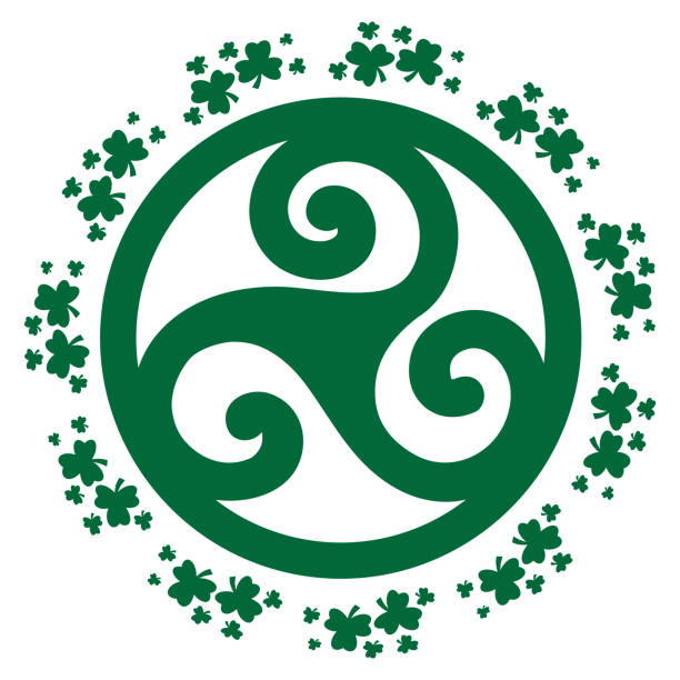 Triple Spiral Green clovers and Triple Spiral celtic shamrock tattoos stock illustrations