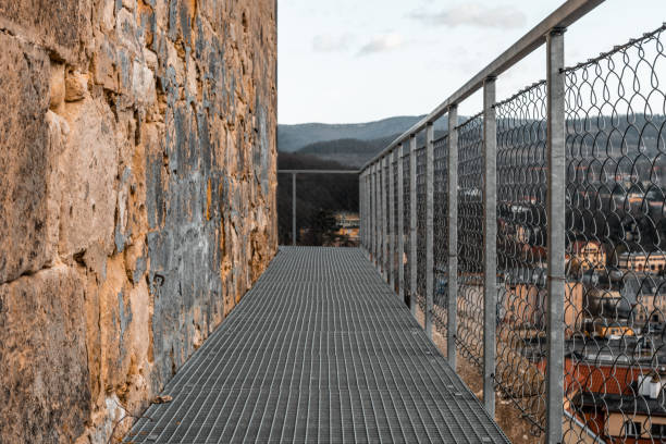 Metal truss platform for tourists next to the fortress wall in Klodzko. Southwestern Poland.