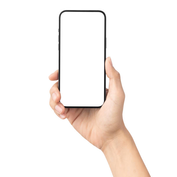istock Man hand holding the black smartphone with blank screen isolated on white background with clipping path, Can use mock-up for your application or website design project 1305652162