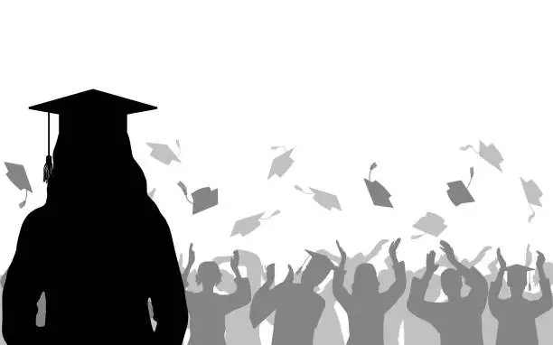 Vector illustration of Girl graduate on background of joyful crowd of graduates throwing their academic square caps, silhouettes. Graduation ceremony. Vector illustration