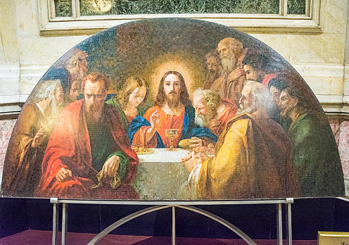 St. Petersburg, Russia - MAY 30, 2017: The Last Supper, mosaic panel, author N. Maikov, 1902, exhibited in St. Isaac's Cathedral