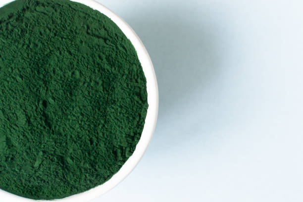 istock Chlorella powder in a white bowl on a blue background with place for text. 1305656892