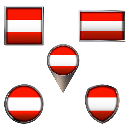 Various flags of Republic of Austria. Realistic national flag in point circle square rectangle and shield metallic icon set. Patriotic 3d rendering symbols isolated on white background.