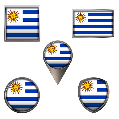 Various flags of Oriental Republic of Uruguay. Realistic national flag in point circle square rectangle and shield metallic icon set. Patriotic 3d rendering symbols isolated on white background.