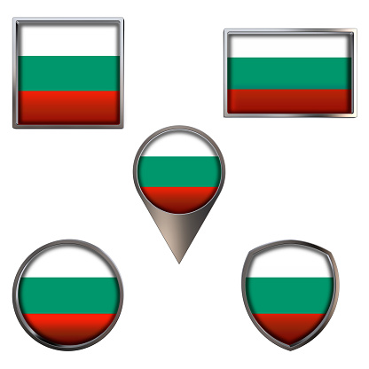 Various flags of Republic of Bulgaria. Realistic national flag in point circle square rectangle and shield metallic icon set. Patriotic 3d rendering symbols isolated on white background.
