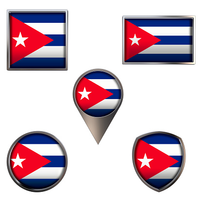 Various flags of the Republic of Cuba. Realistic national flag in point circle square rectangle and shield metallic icon set. Patriotic 3d rendering symbols isolated on white background.
