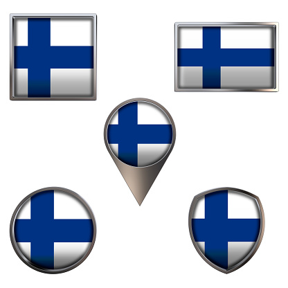 Various flags of the Republic of Finland. Realistic national flag in point circle square rectangle and shield metallic icon set. Patriotic 3d rendering symbols isolated on white background.