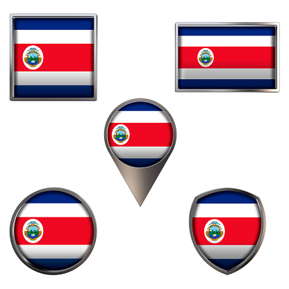Various flags of the Republic of Costa Rica. Realistic national flag in point circle square rectangle and shield metallic icon set. Patriotic 3d rendering symbols isolated on white background.