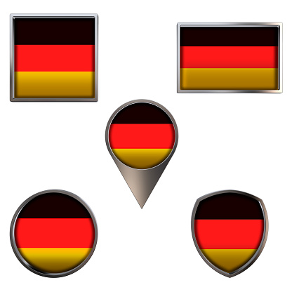 Various flags of the Federal Republic of Germany. Realistic national flag in point circle square rectangle and shield metallic icon set. Patriotic 3d rendering symbols isolated on white background.