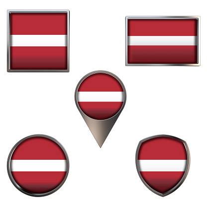 Various flags of the Republic of Latvia. Realistic national flag in point circle square rectangle and shield metallic icon set. Patriotic 3d rendering symbols isolated on white background.