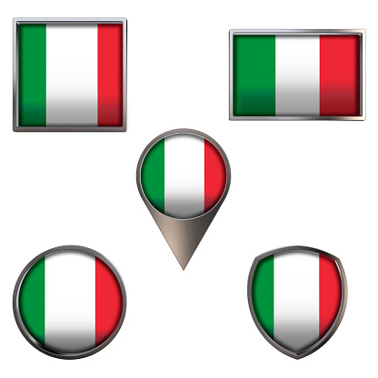 Various flags of the Italian Republic. Realistic national flag in point circle square rectangle and shield metallic icon set. Patriotic 3d rendering symbols isolated on white background.