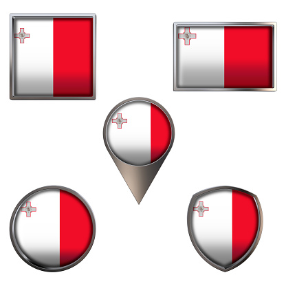 Various flags of the Republic of Malta. Realistic national flag in point circle square rectangle and shield metallic icon set. Patriotic 3d rendering symbols isolated on white background.
