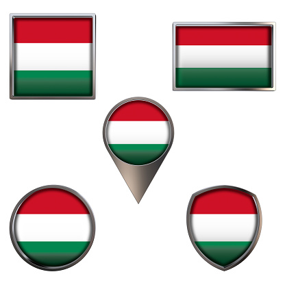 Various flags of the Hungary. Realistic national flag in point circle square rectangle and shield metallic icon set. Patriotic 3d rendering symbols isolated on white background.