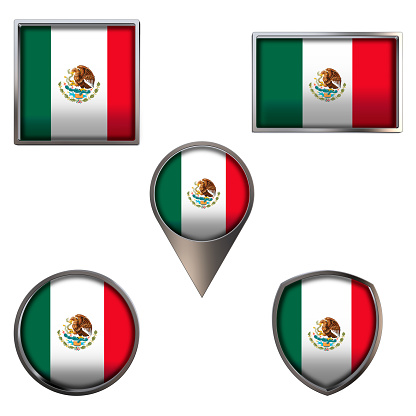 Various flags of the United Mexican States. Realistic national flag in point circle square rectangle and shield metallic icon set. Patriotic 3d rendering symbols isolated on white background.