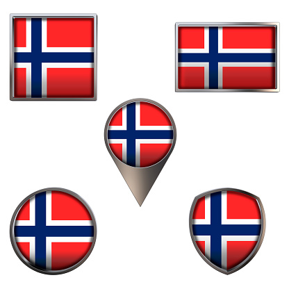 Various flags of the Kingdom of Norway. Realistic national flag in point circle square rectangle and shield metallic icon set. Patriotic 3d rendering symbols isolated on white background.